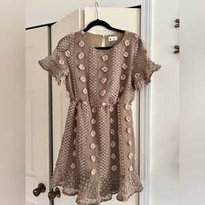 Pink blush maternity beige textured mini dress. Bump friendly. Size small